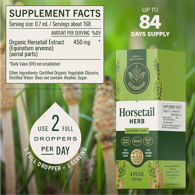 HERBAMAMA Horsetail Herb Extract Drops - Vegan Hair Nail &amp Skin Care with Horsetail Leaves Tincture - Non-GMO Alcohol &amp Sugar-Free Liquid Hair Strengthening Supplement 84-Day Supply
