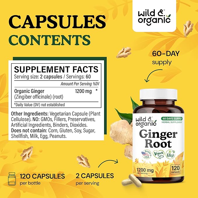 Wild &amp Organic Ginger Root Capsules 1200 mg - Immune &amp Digestive Support - Ginger Root Supplement - Zingiber Officinale Powder - 60 Days of Supply - Vegan No Fillers Non-GMO - 120 Count