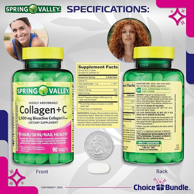 Spring Valley Highly Absorbable Collagen + Vitamin C Tablets Hair Skin Nail Health 2500 mg 90 Ct 3 pk (270 Total) + Vitamin Vitality &amp Pill Container (5 Items)!