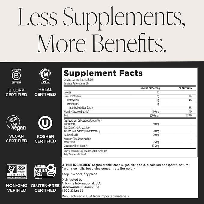 Arbonne SkinElixir Collagen Powder Builder - Açaí-Flavored Vegan Supplement for Women with Hyaluronic Acid Vitamin C Biotin &amp Antioxidants - Supports Healthy Skin Hair &amp Nails - 30 Stick Pa
