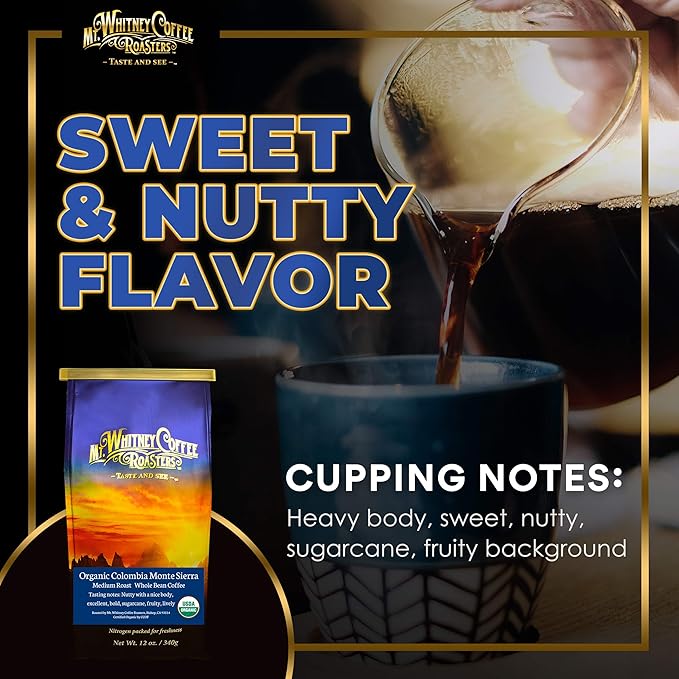 Mt. Whitney Colombia Monte Sierra Organic Single Origin Medium Dark Roast Smooth Full Flavored Low Acid Coffee (Whole Bean 12 Oz)