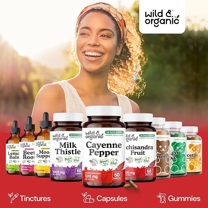 Wild &amp Organic Cayenne Pepper Capsules 500 mg - Digestive Support - Pure Cayenne Pepper Extract - Capsaicin Supplements - Vegan No Fillers Non-GMO - 60 Count