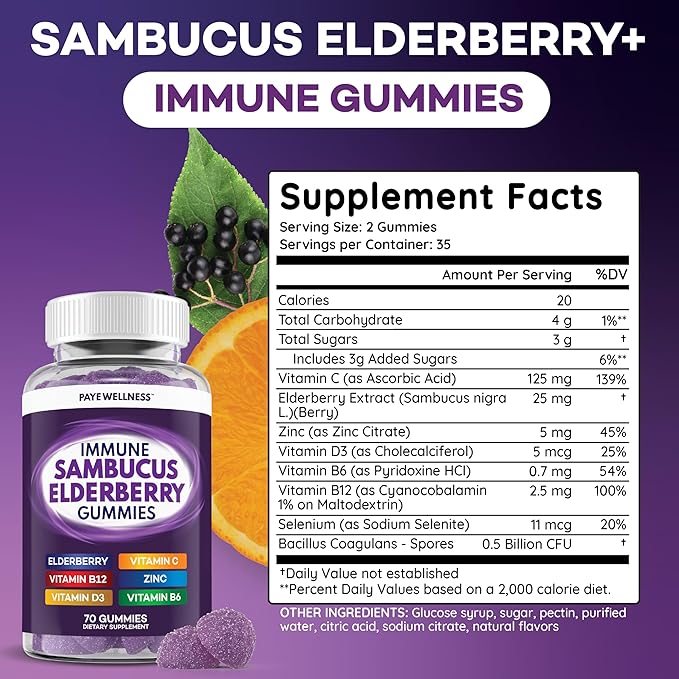 Elderberry Gummies Immune Support Daily Support for Kids and Adults* with Sambucus Elderberry Zinc Vitamin C D3 B6 B12 Plus - Dietary Supplement - 70 Count