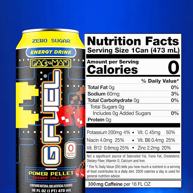 G Fuel Energy Drink Cherry Lollipop Sugar Free Beverage with 140mg Caffeine Daily Energy Boost with Focus Amino Vitamin + Antioxidants 16 oz Cans (Pac-Man Power Pellet 12-Pack)