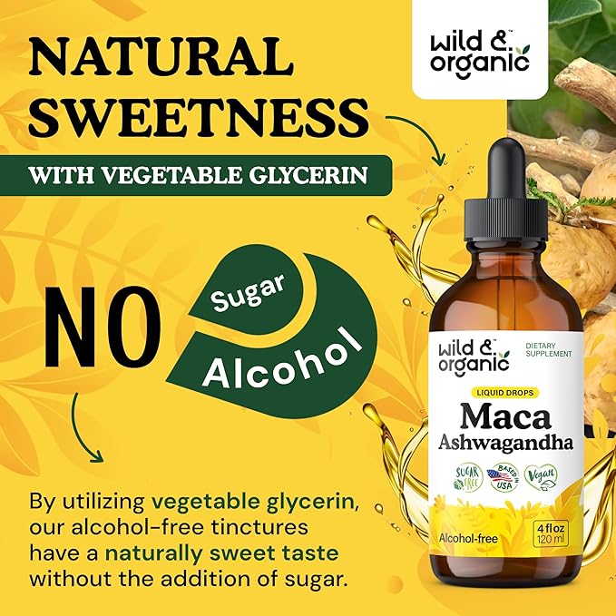 Wild &amp Organic Maca Root Ashwagandha Drops for Men and Women - Liquid Maca Ashwagandha Supplement for Overall Support - Peruvian Extract Tincture - Vegan Sugar &amp Alcohol-Free - 4 fl oz