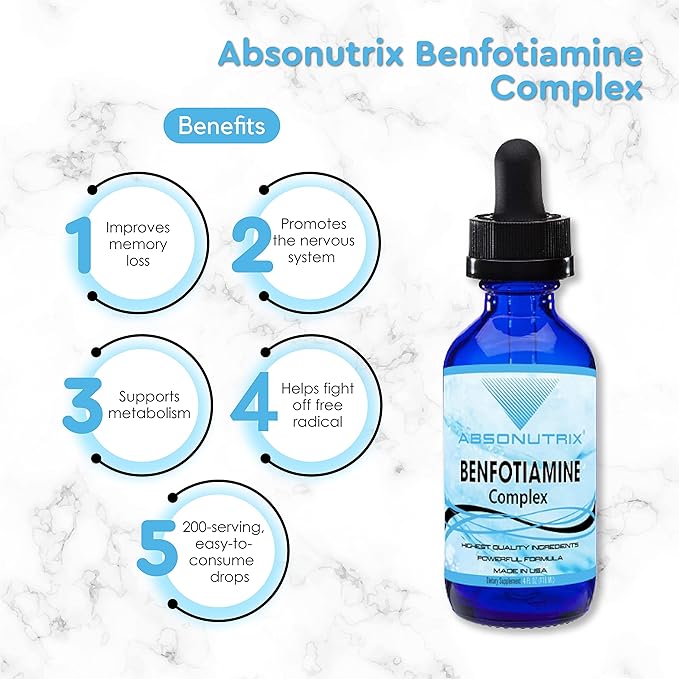 Absonutrix Benfotiamine Complex 300 mg 4 Fl Oz Bottle 200 Servings High Bioavailability Potent Ingredients Quick Absorption Cruelty-Free Non-GMO Third-Party Tested GMP-Certified Made in USA