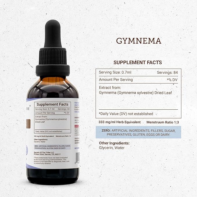 Secrets of the Tribe Gymnema Tincture Alcohol-Free Liquid Extract Gymnema Sylvestre Dried Leaf (2 FL OZ)