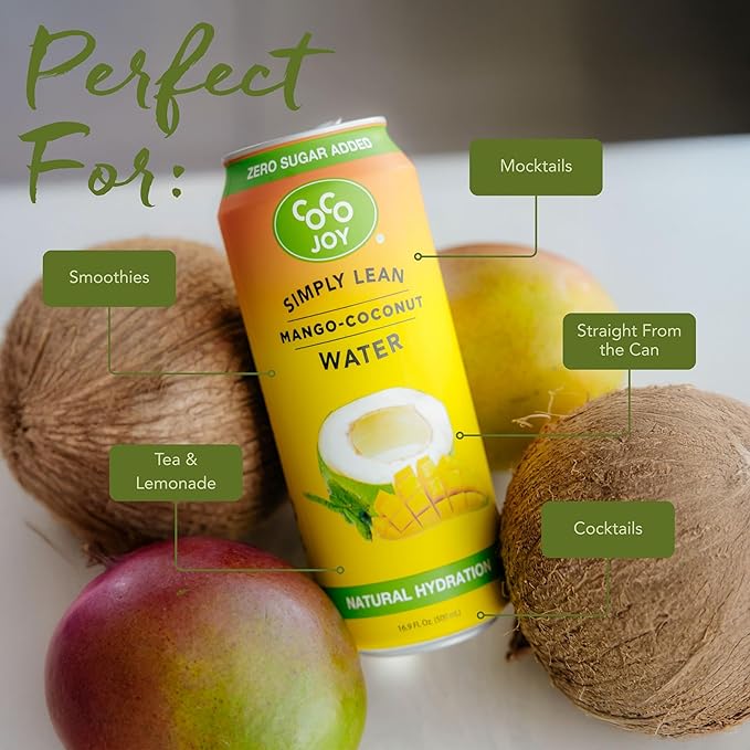 CoCo Joy Lean Mango Coconut Water Zero Sugar Added Low-Carb High-Calcium Nutrient-Rich Drink 12 pack
