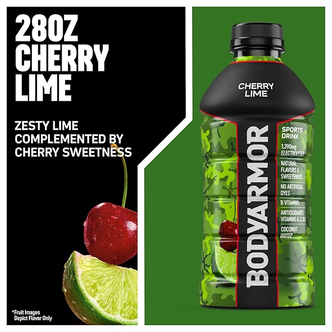 BODYARMOR Sports Drink Cherry Lime Electrolyte Drink Hydration 28 Fl Oz Bottles (15 Pack) Flavored Coconut Water with B Vitamins &amp Antioxidants