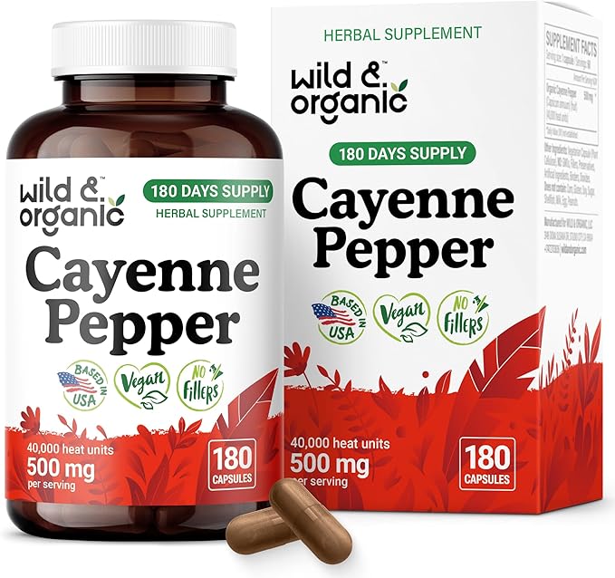 Wild &amp Organic Cayenne Pepper Capsules 500 mg - Digestive Support - Pure Cayenne Pepper Extract - Capsaicin Powder Supplement - Vegan No Fillers Non-GMO - 180 Count