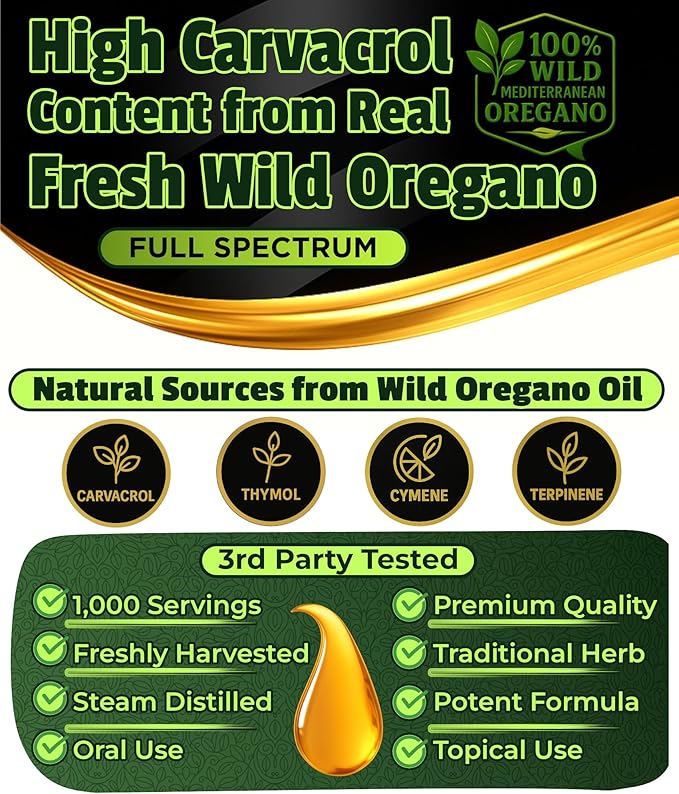 Organic Oregano Oil Drops - 1000 Servings 12 Month Supply Wild Oil of Oregano 9X Carvacrol Immune &amp Digestive Support Non-GMO Food Grade Herbal Supplement Alternative to oil of Oregano Tinc