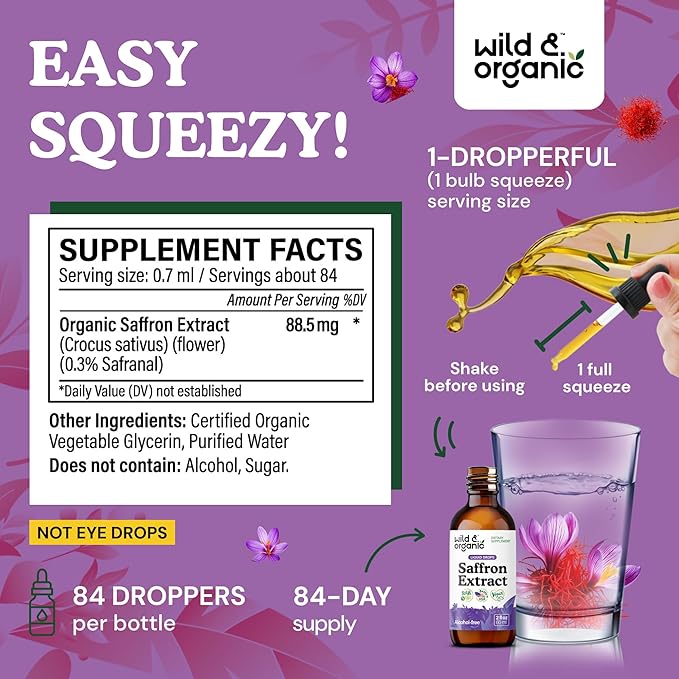 Wild &amp Organic Saffron Supplements 88.5 mg - Saffron Drops for Mood Brain Vision Support - Crocus Sativus Liquid Extract - Vegan Sugar &amp Alcohol-Free Tincture - 2 fl oz