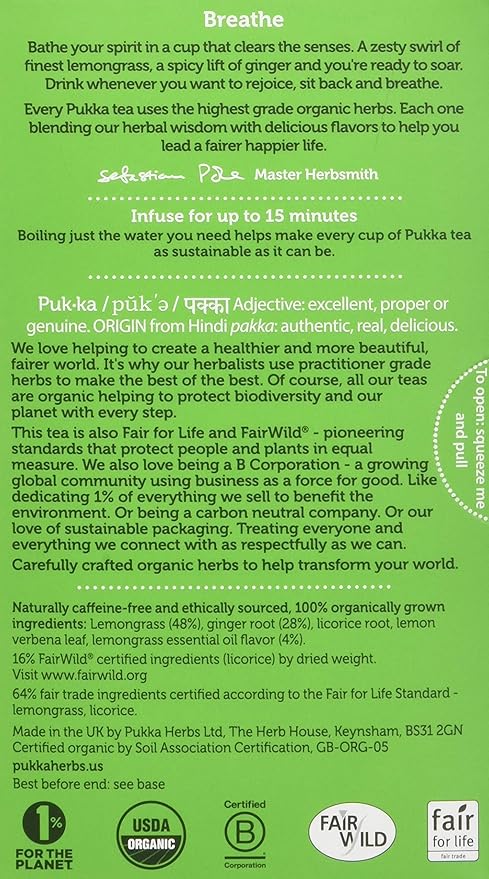 Pukka Tea Herbal Lemongrass Ginger Organic 1.27 Ounce