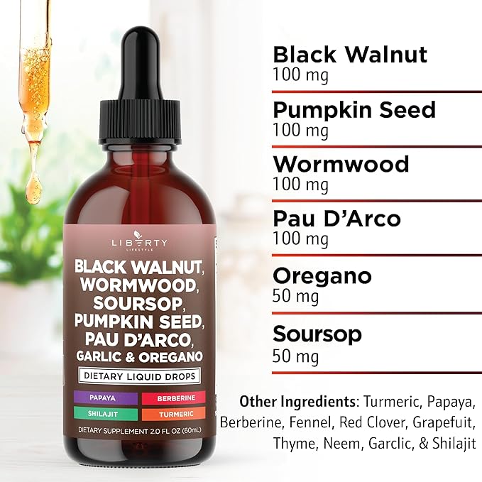Defend Wormwood Black Walnut Cleanse for Humans Drops Liquid Soursop Garlic Pumpkin Seed PAU D'Arco Oil of Oregano Turmeric Berberine Neem Extract Hull Bark Tincture - 8 OZ