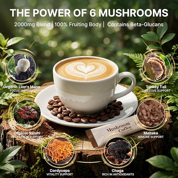 Mushroom Coffee Adaptogenic Mushrooms with Lion's Mane Reishi Cordyceps Turkey Tail Maitake Chaga Instant Coffee with MCT Oil for Energy Focus Digestive &amp Immune 30 Sachets