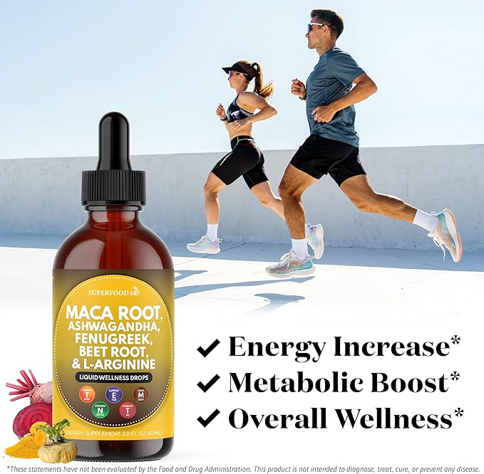 Superfood MD Maca Root Liquid Drops with Ashwagandha Nettle Fenugreek Beet Root and L-Arginine Liquid Multivitamin for Women and Men - 4 Oz