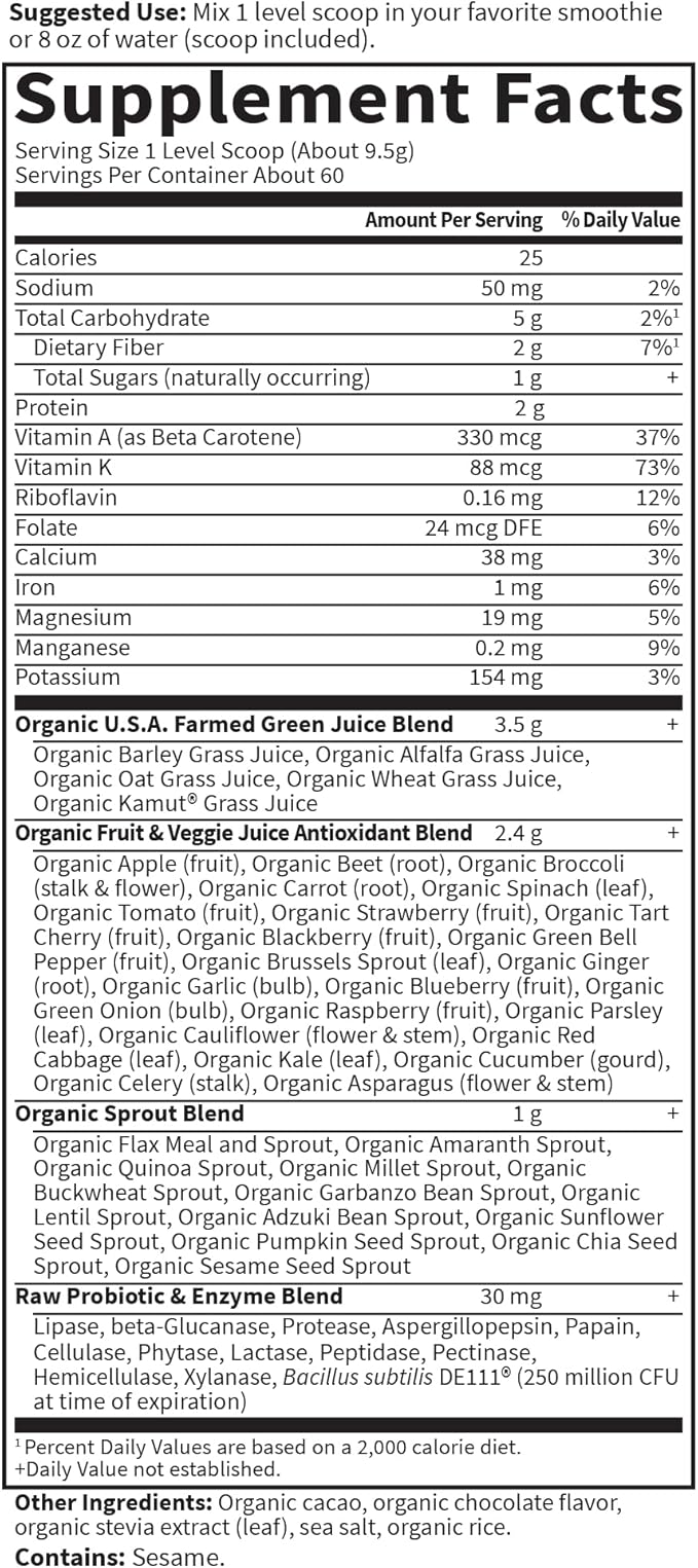 Garden of Life Raw Organic Perfect Food Green Superfood Juiced Greens Powder - Chocolate 60 Servings Non-GMO Gluten Free Vegan Whole Food Dietary Supplement Plus Probiotics Enzymes