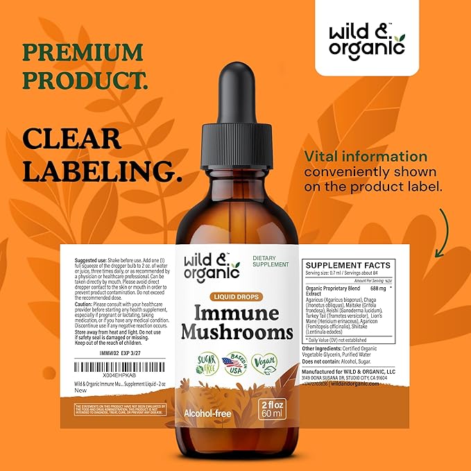 Wild &amp Organic Immune Mushrooms Tincture - 8-in-1 Mushroom Complex with Chaga Turkey Tail Lion's Mane Reishi Extract - Immune Support Drops - Vegan Sugar &amp Alcohol-Free Liquid Supplement -