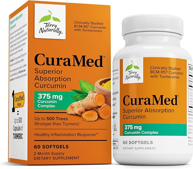 Terry Naturally CuraMed 375mg - Antioxidant Supplement for Brain &amp Immune Health Support - Dietary Supplement with Curcumin &amp Turmeric Essential Oil - Herbal Liver Support - 60 Softgels