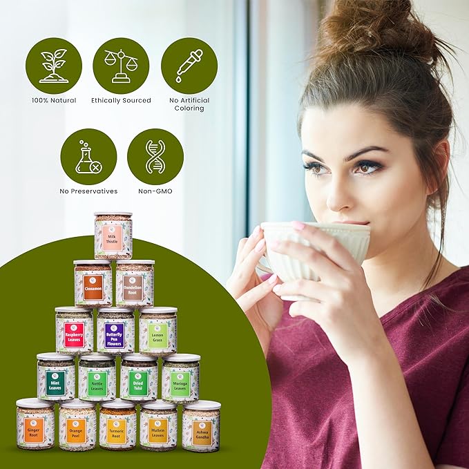 Assorted Loose Leaf Tea | 15 Delightful Herbs | Upto 900 Servings | 100% Raw &amp Natural | Add Health to your Soups Smoothies Teas and more | By Yogi's Gift®