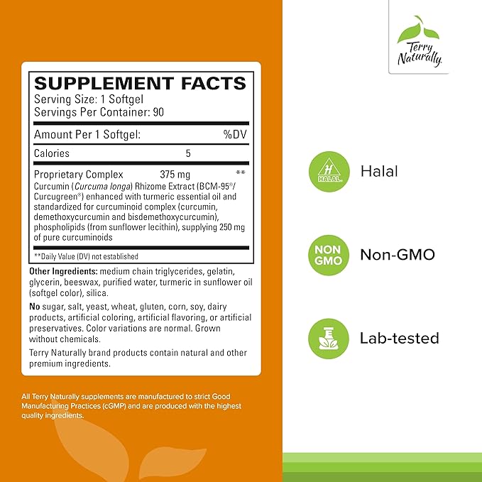 Terry Naturally CuraMed 375mg - Antioxidant Supplement for Brain &amp Immune Health Support - Dietary Supplement with Curcumin &amp Turmeric Essential Oil - Herbal Liver Support - 90 Softgels
