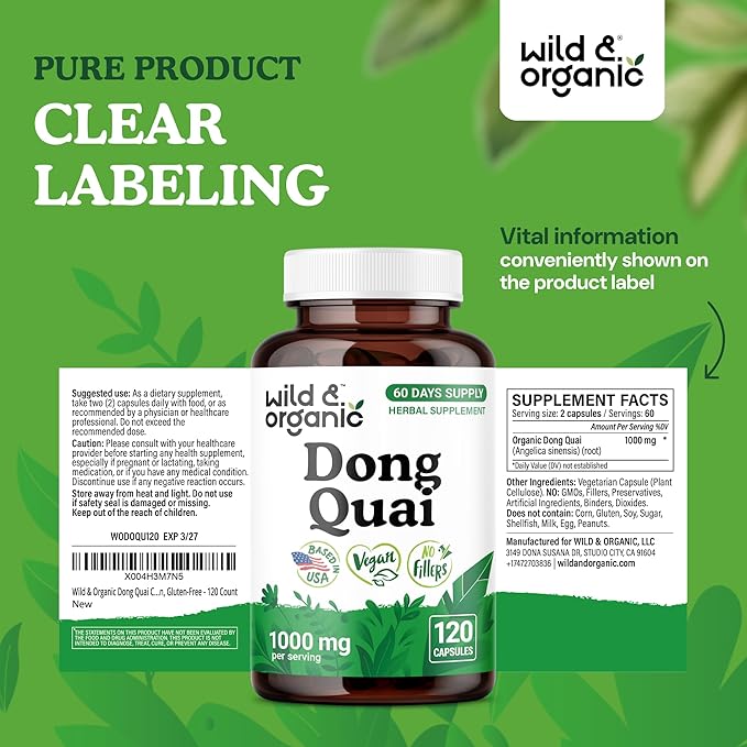 Wild &amp Organic Dong Quai Capsules 1000 mg - Menopause Supplements for Women - Dong Quai Supplement for Women - Angelica Root Herb - 60-Day Supply - Non-GMO Vegan Gluten-Free - 120 Count