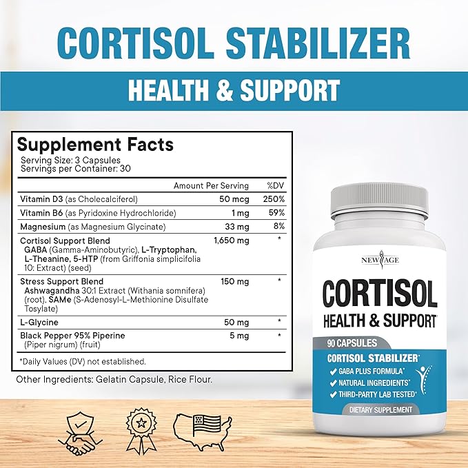 NEW AGE Cortisol Supplement for Women - Natural Cortisol Detox Manager Reducer - Ashwagandha GABA 5 HTP L-Tryptophan L-Theanine - 180 Count