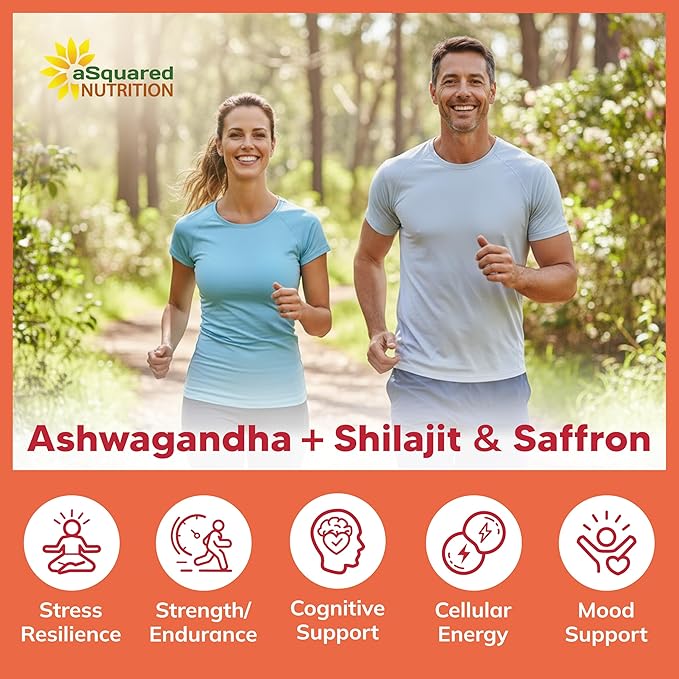 aSquared Nutrition Ashwagandha Supplements for Men &amp Women + Shilajit &amp Saffron - 120 Capsules - Pure Root Powder Complex - Pills Alternative to Gummies &amp Drops