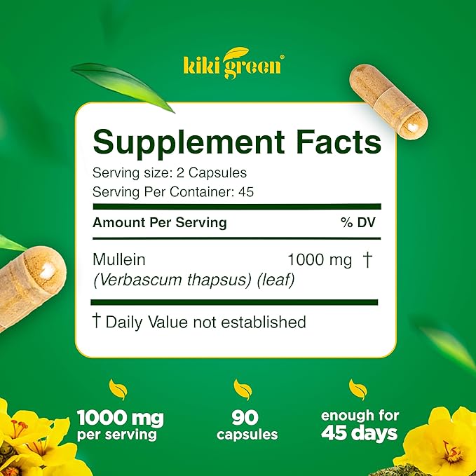 KIKI Green Mullein Leaf Extract Capsules - Vegan Herbal Supplement - for Lung Cleanse Support Better Respiratory Immune Function - 1000mg 45 Servings - 90 Count
