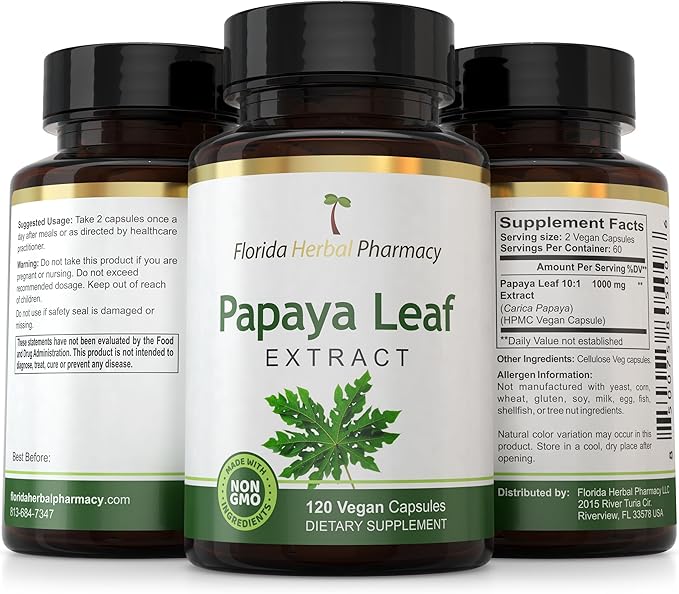 Florida Herbal Pharmacy Papaya Leaf Extract Capsules 10:1 (120 Capsules) 500 mg per Capsule 1000 mg Serving (Pack of 1)