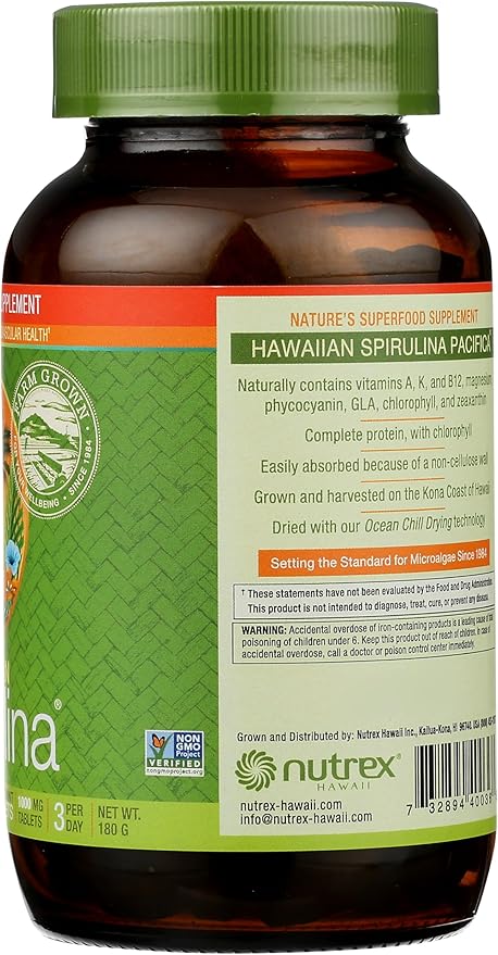 Nutrex Hawaii Pure Hawaiian Spirulina 1000 mg Spearmint Tablets 180 Count Vegan Supports Immune System Heart Cells and Energy