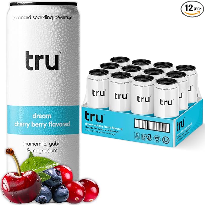 Tru Dream Seltzer Cherry Berry Sparkling Water with Chamomile GABA Magnesium &amp Tart Cherry Juice Sweetened with Monk Fruit &amp Stevia Gluten Free Vegan Caffeine Free 12 FL OZ Cans 12 P