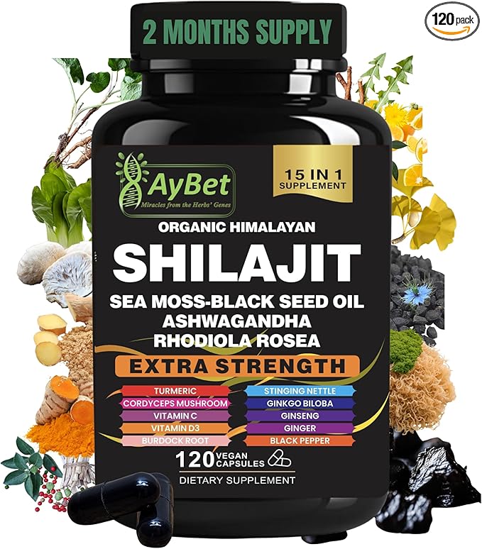 Shilajit for Men and Women-Organic Himalayan Shilajit Capsules with Sea Moss Black Seed Oil Ashwagandha Rhodiola Rosea Burdock Cordyceps Mushroom Ginseng Turmeric Ginger 120 Capsules