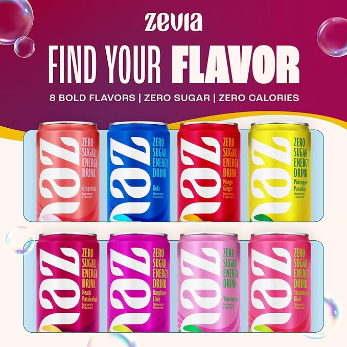 Zevia Zero Sugar Energy Drink Peach Passionfruit 12 oz Cans (12-Pack) – Naturally Sweetened Non-GMO Project Verified Gluten-Free Vegan