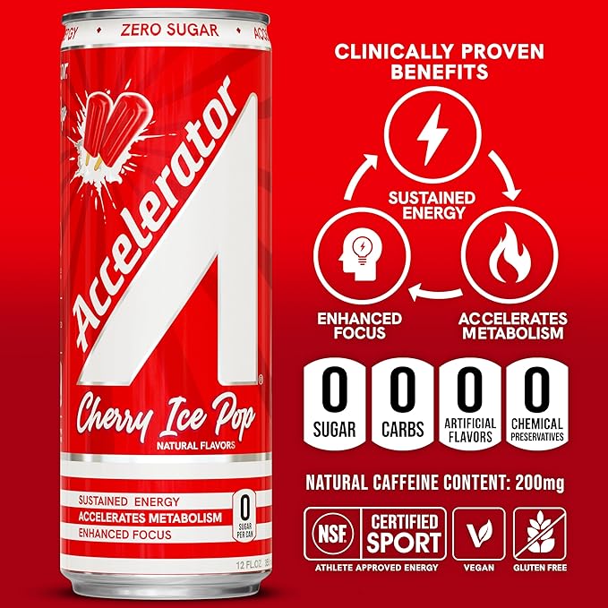 Accelerator Energy DrinkCherry Ice Pop 12oz canZero SugarSustained Energy from 100% Natural Caffeine (200mg from Green Coffee Bean &amp Green Tea extract)(Pack of 24)