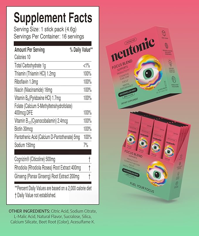 Neutonic Nootropic Focus Blend Powder | Watermelon Mint 16 Sticks | Caffeine Free Zero Sugar | Support Memory Mental Clarity Cognitive Function | Boost Focus Energy Brain Health