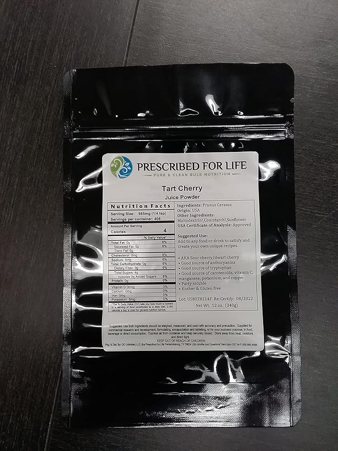 Prescribed for Life Tart Cherry Juice Powder | Rich in Vitamins Minerals and Fiber | Boosts the Immune System | Natural Unbleached Gluten Free Vegan Non-GMO Soy Free No Fillers 12 oz (340 g)