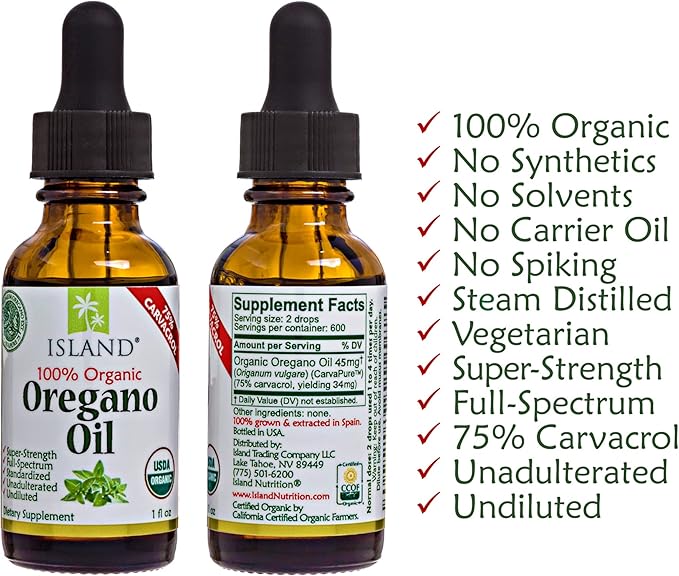Oregano Oil Organic Liquid Drops - 100% Pure &amp Undiluted - USDA-Certified Organic (1 oz) 75% Carvacrol - Grown in Spain - Immune Support Supplement with Oil of Oregano.