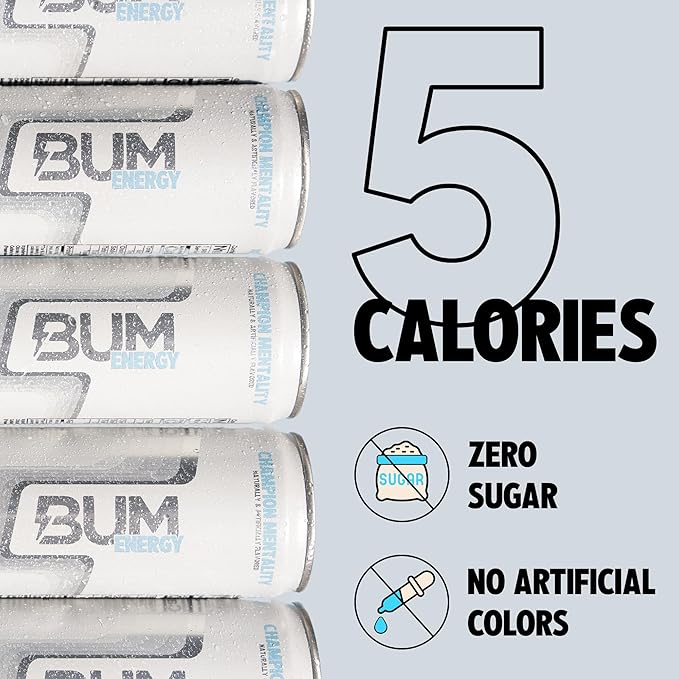 BUM Sugar-Free Energy Drink Champion Mentality - Lightly Carbonated &amp No Artificial Colors Natural Caffeine &amp Citicoline for Energy &amp Focus Brain Boost &amp Workout Sports Beverage - 1
