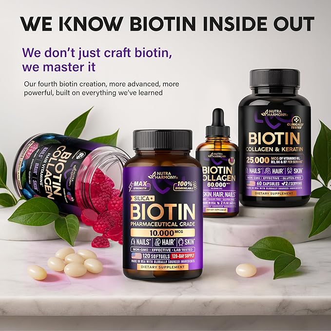 Liquid Biotin &amp Collagen 60000 mcg - Vitamins for Hair Growth Support - Extra Strength Drops for Women &amp Men - Liquid Collagen Supplement - Strong Nails &amp Healthy Skin - Made in USA - 2 F