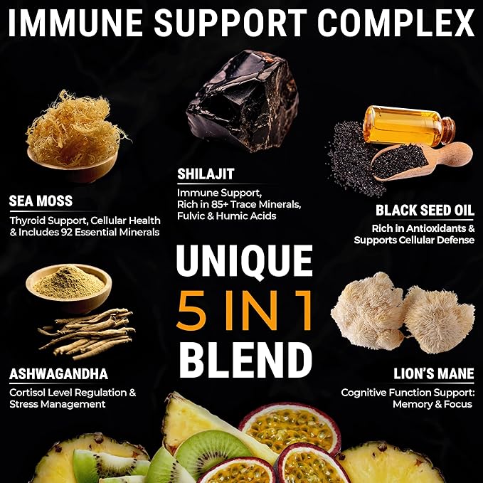 Organic Shilajit Gummies with Sea Moss Gummies - Shilajit Supplement for Immune Support - Pure Himalayan Shilajit and Ashwagandha with Sea Moss and Shilajit Lion’s Mane Extract and Black Seed Oil