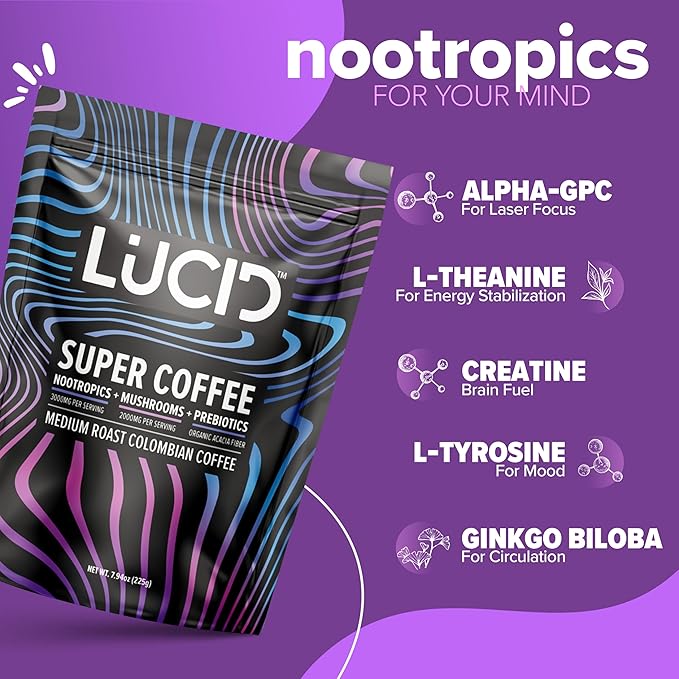 Lucid Superfood Organic Mushroom Coffee with Nootropics - Lion's Mane Tremella Cordyceps &amp Turkey Tail - Instant Mushroom Coffee Focus Brain Health - Alpha GPC L-Theanine Ginko Biloba - USA Ma