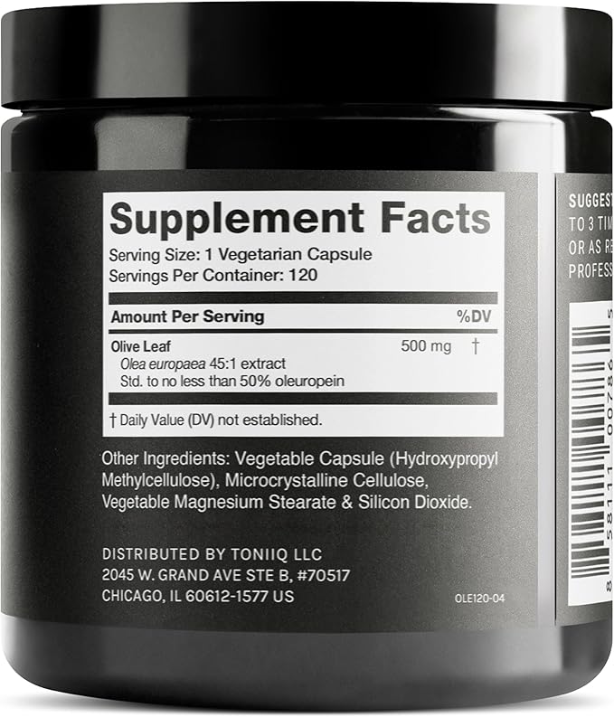 Toniiq Olive Leaf Extract - Ultra High Potency 45:1 Extract with 50% Oleuropein - Highly Concentrated - Third-Party Lab Tested - 120 Capsules
