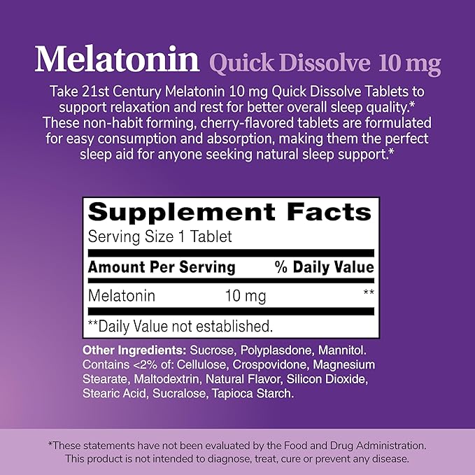 21st Century Melatonin 10mg Extra Strength (360 Count) Quick Dissolving Sleep Aid for Adults Promotes Relaxation and Restful Sleep Non-Habit Forming Gluten-Free Cherry Flavor