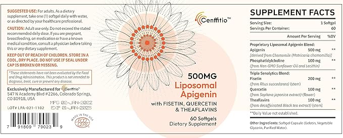 Liposomal apigenin 500mg Softgels - Optimal Apigenin Supplement with Fisetin Quercetin and Theaflavins (60 Count (Pack of 1))