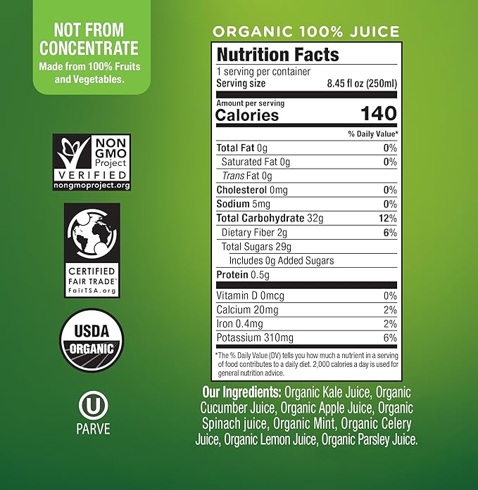Wonder Green 100% Organic Clean Green Cold Pressed Juice 8.45 oz (6 Pack) | Kale &amp Vegetable Juice Blend All Natural No Additives or Preservatives Not from Concentrate