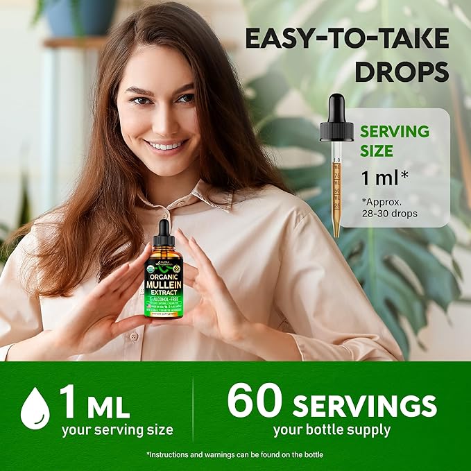 Mullein Drops for Lungs - USDA Organic Liquid - Mullein Leaf Extract Supplement - Made in USA - Lung &amp Bronchial Cleanse for Smokers - Respiratory Health Support - As Tincture Tea Pills - 2 fl o