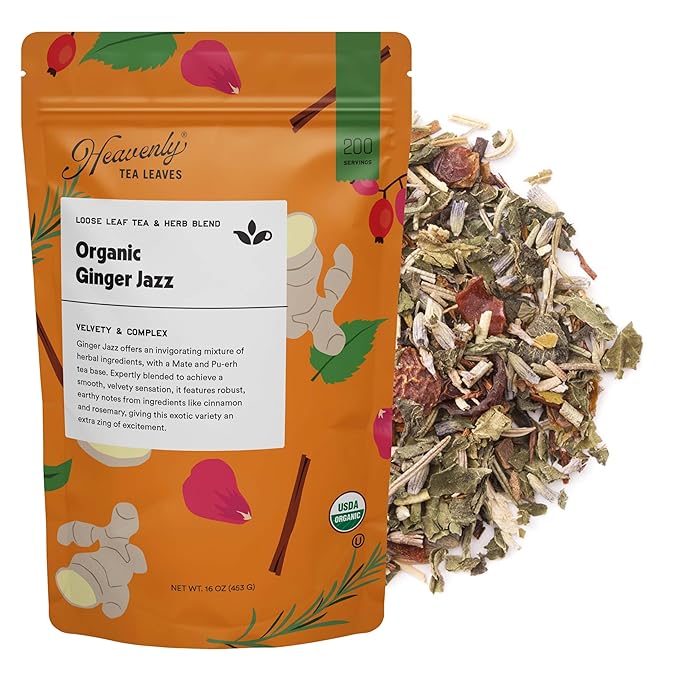 Heavenly Tea Leaves Organic Ginger Jazz Bulk Loose Leaf Tea and Herb Blend 1 Lb. (Approx. 200 Servings) - Delicious Hot or Iced Blend of Licorice Cinnamon Rosemary Soothing Herbal Tisane