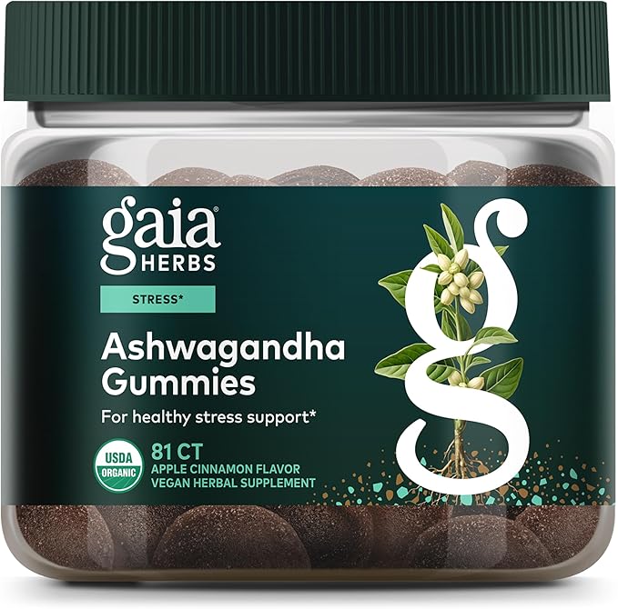 Gaia Herbs Organic Ashwagandha Gummies - Stress Support* - Made with Cinnamon &amp Ginger - Gluten Free &amp Vegan - 81 Count (27 Servings)