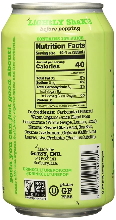 Culture Pop Lemon Lime &amp Cardamom Probiotic Soda Plant Based 12 Fluid Ounces (Pack Of 12)